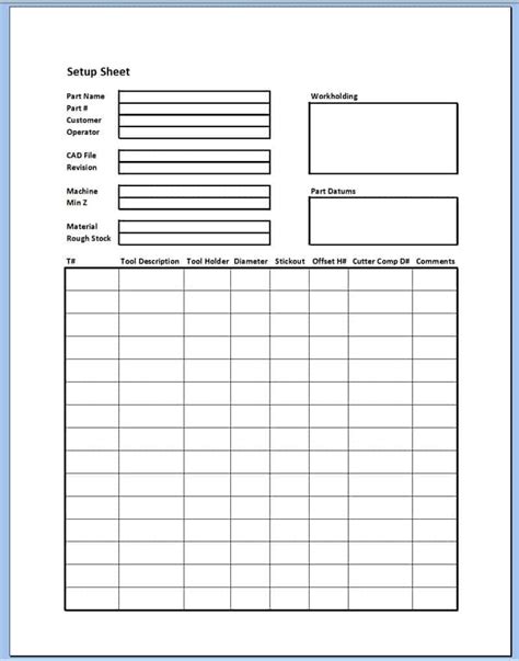 cnc tool set up sheet